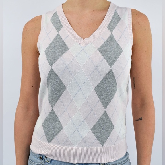Vintage Tommy Hilfiger Pink and Gray Argyle Sweater Vest - Picture 1 of 4